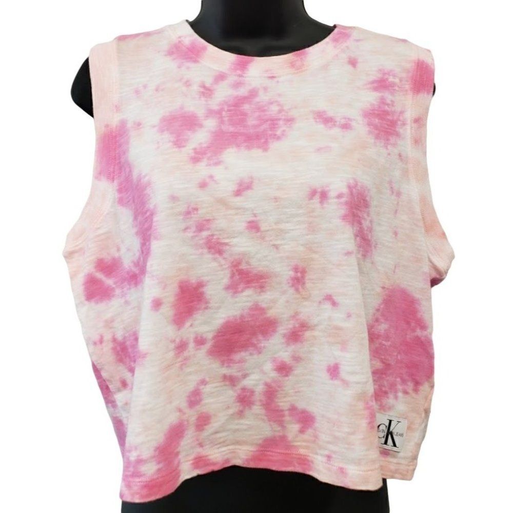 Calvin Klein Cotton Tie-Dye Top Women's LARGE Pink Orange White Sleeveless NWOT